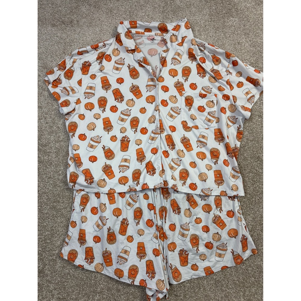 Celebrate Pumpkin Spice Latte Pajama Set XL Short Sleeve Button Down Shorts PJs - Picture 2 of 5